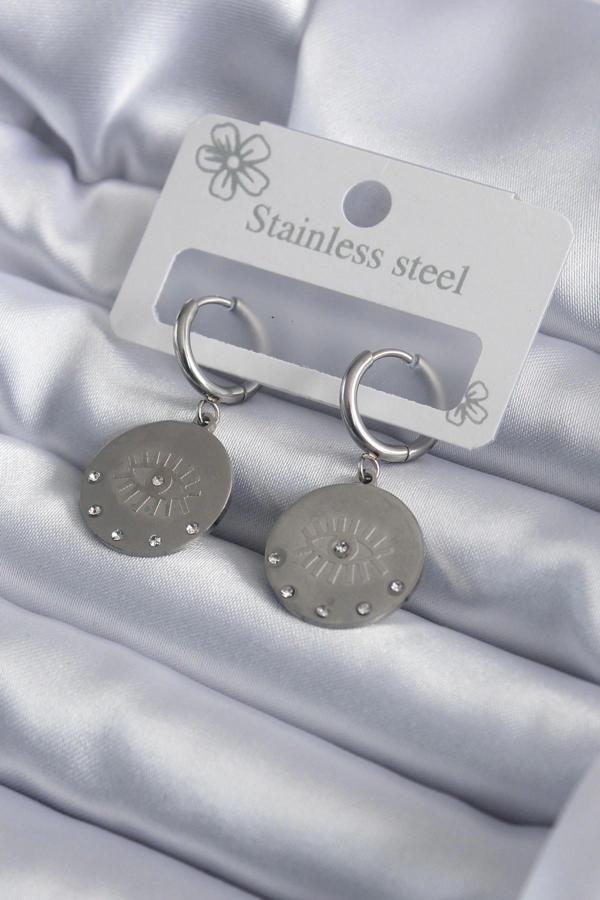 316L Çelik Gümüş Renk Göz İşleme Zirkon Taş Detay Kadın Küpe - Image 1