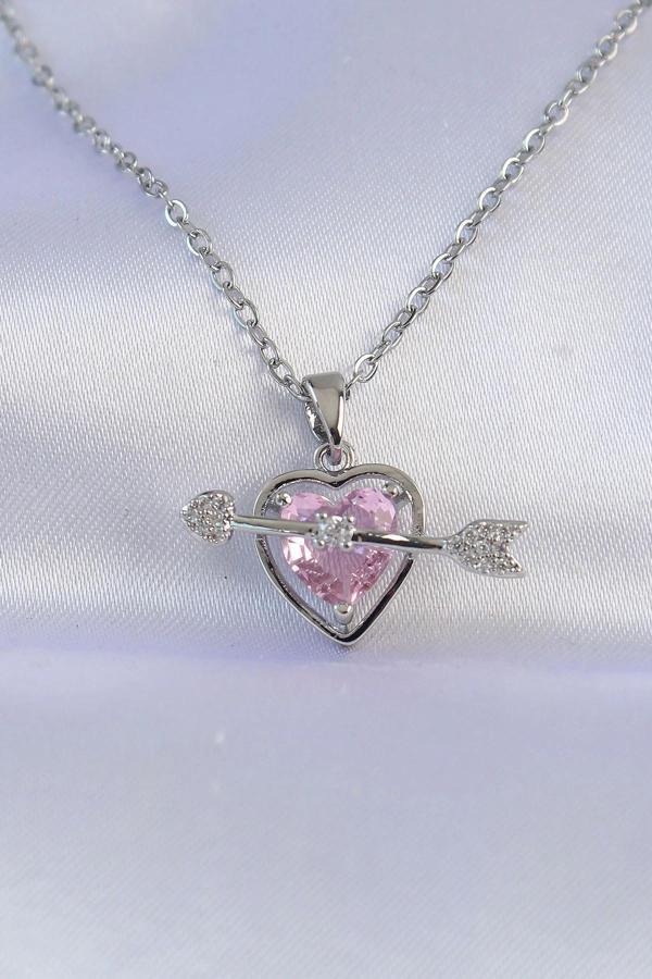 316L Çelik Zincir Gümüş Renk Pembe Zirkon Taşlı Eros Kolye - Image 1