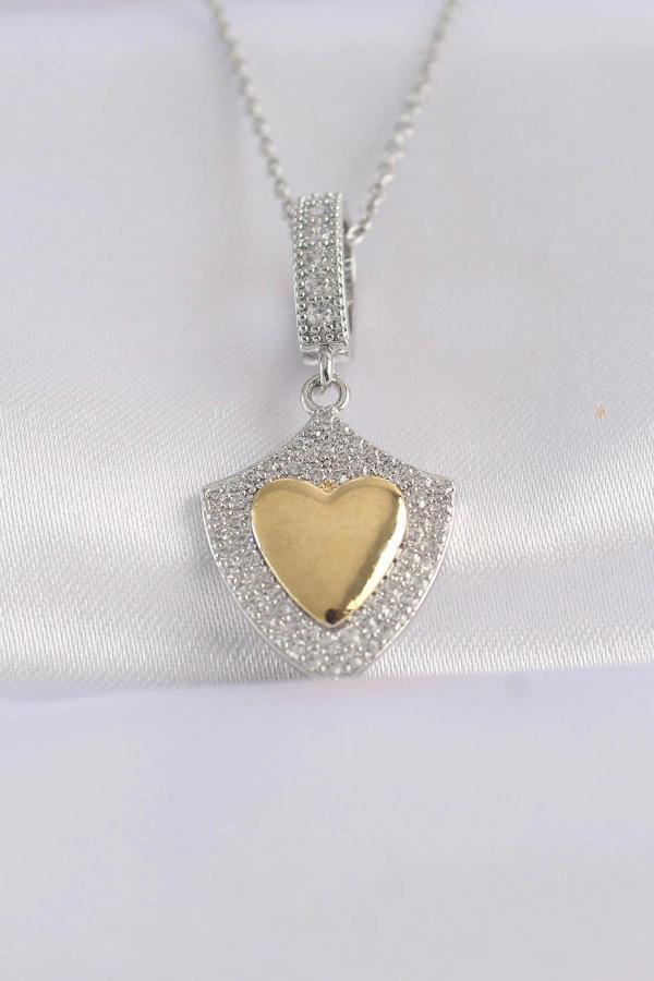 316L Çelik Zincir Gümüş Renk Zirkon Taşlı Tasarım Altın Renk Kalp Kolye - Image 1