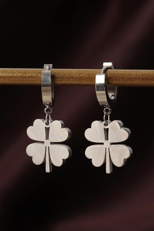 316L Çelik Gümüş Renk Yonca Küpe - Image 1