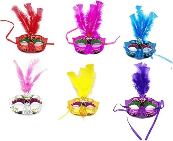 Renkli Tüylü Venedik Parti Maskesi Karışık Renk 12 Adet - Image 1