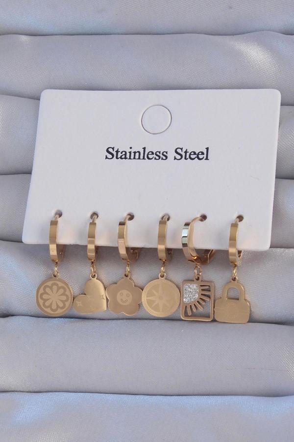 316L Çelik Gold Renk Zirkon Taşlı Çiçek Figürlü Kalp Model Halka Küpe Seti - Image 1