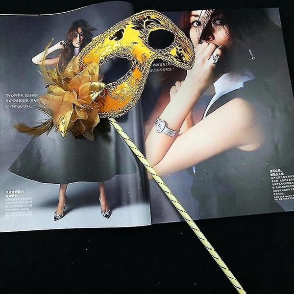 Lüks Taşlı Saplı Maskeli Balo Maskesi Altın Renk 35 Cm - Image 1