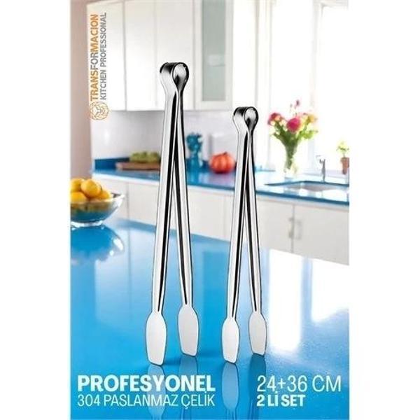 2 Boy Mutfak Maşası - Mangal Barbekü Maşası - Izgara Maşası Tava Maşası Çelik  18 ve 36 Cm - Image 1