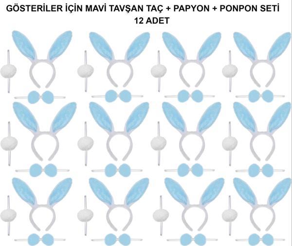 Mavi Tavşan Kostüm Seti – Taç, Papyon, Ponpon (12’li Paket) - Image 1