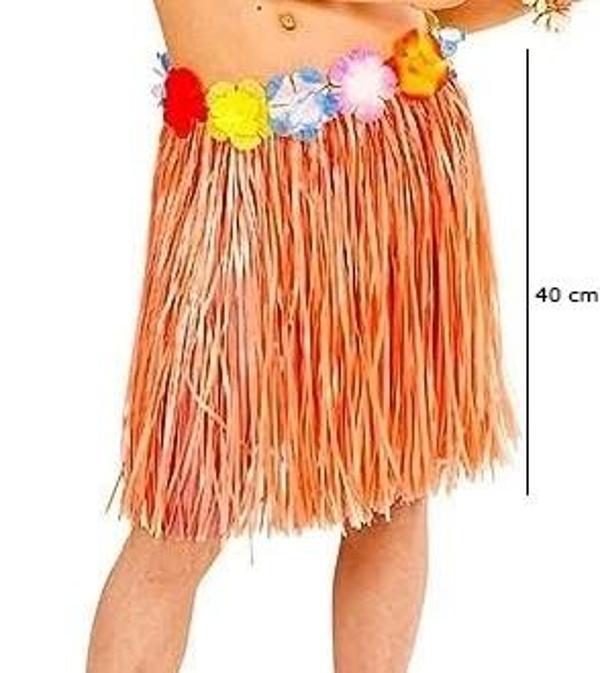 Yetişkin Ve Çocuk Uyumlu Turuncu Renk Püsküllü Hawaii Luau Hula Etek 40 Cm - Image 1