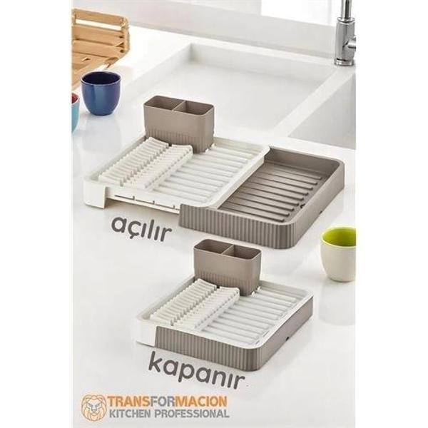 Açılır-Kapanır Bulaşıklık - Bulaşık Durulama Sepeti Tabaklık Bulaşık Kurutmalık LATTE - Image 1