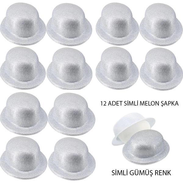 Gümüş Renk Simli Melon Yuvarlak Parti Şapkası 12 Adet - Image 1