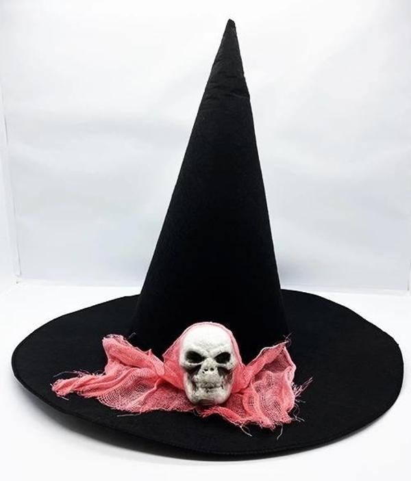 Siyah Renk Pembe Duvaklı Kuru Kafa Temalı Cadı Şapkası 35x38 Cm - Image 1