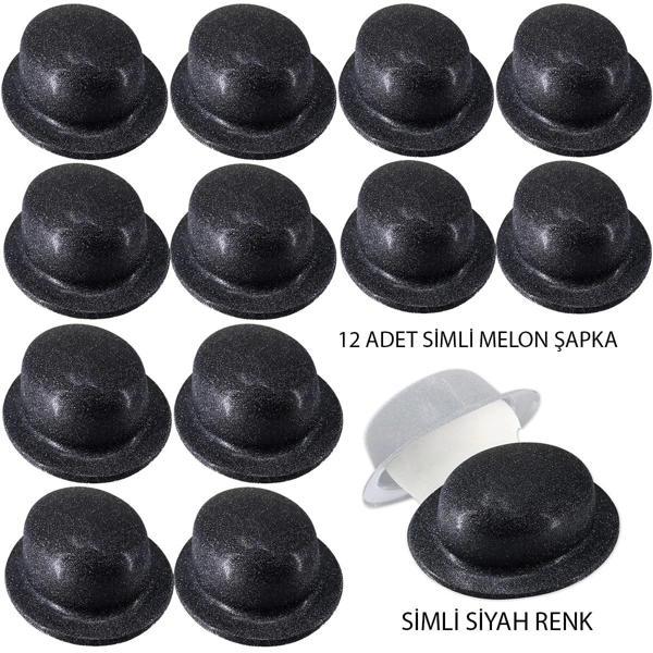 Siyah Renk Simli Melon Yuvarlak Parti Şapkası 12 Adet - Image 1