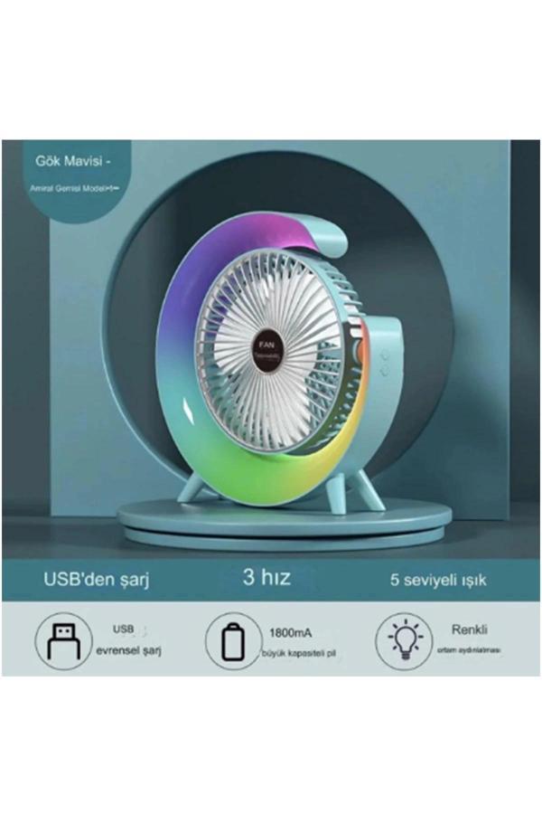 Masaüstü Vantilatör Usb Şarjlı Rgb Led Işıklı 3 Kademeli 180° Ayarlanabilir Soğutucu Fan Mavi - Image 1