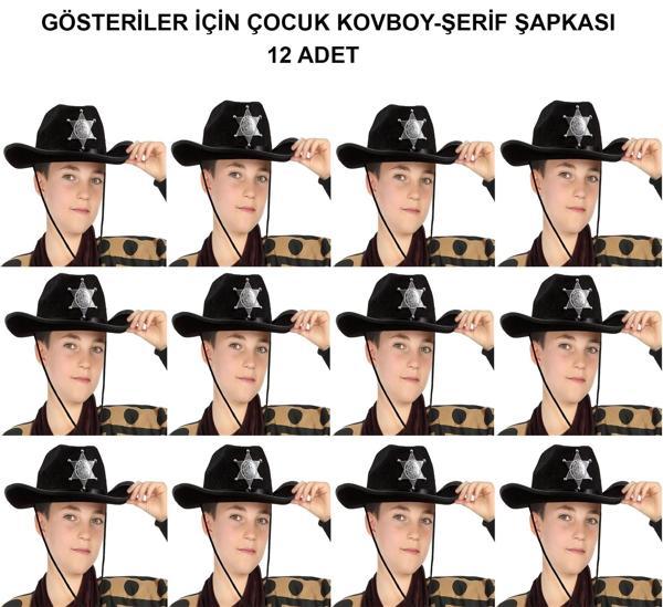 Kovboy Şerif Şapkası Siyah 12 Adet - Kostüm, Parti Ve Gösteri Şapkası - Image 1