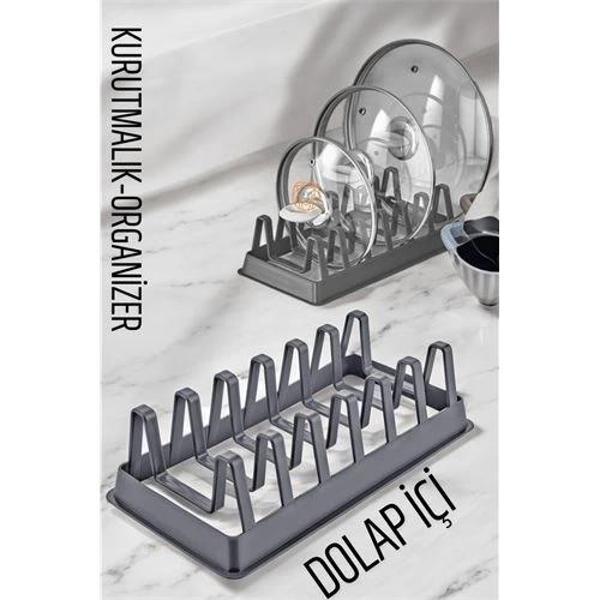Tabak Düzenleyici Kurutmalık Dolap İçi Tencere Kapak Organizer GRİ - Image 1
