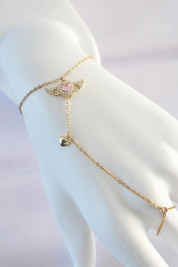 316L Çelik Gold Renk Pembe Zirkon Taşlı Kanatlı Kalp Model Şahmeran - Image 1