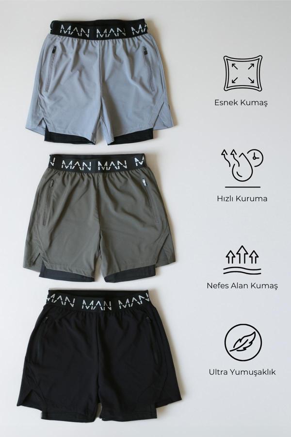 Man Of Man |3 Lü Paket| Unisex Gym Ve Fitness Astarlı Taytlı Şort Yazılı Lastik - Image 1