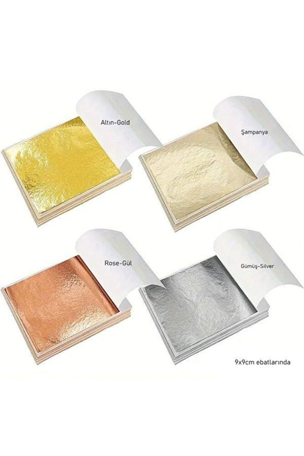 Sanathobi Metalik 4 Farklı Yaprak Varak, Gold-Silver-Rose-Şampanya, Dekoratif, Epoksi Reçine-9X9Cm-400Sayfa - Image 1