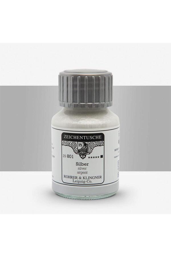 Rohrer & Klingner Kaligrafi Mürekkebi Zeichentusche 29-Airbrush-Fırça-Divit-Sulu Boya 50Ml-801-Silver - Image 1
