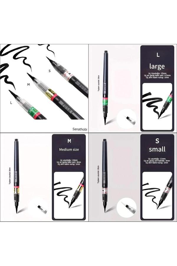 Sanathobi Brush Pen, Hazneli Fırça Uçlu Kalem, Çini, Seramik, Tahrir Fırçası, Çizim Fırça, 3 Adet-S-M-L - Image 1