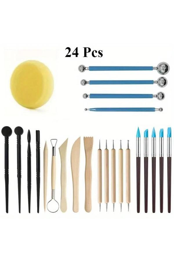 Sanathobi Seramik Başlangıç Seti, Kil Modelleme, Oyma Seti, Heykel, Çömlekçilik Seti-24 Parça - Image 1