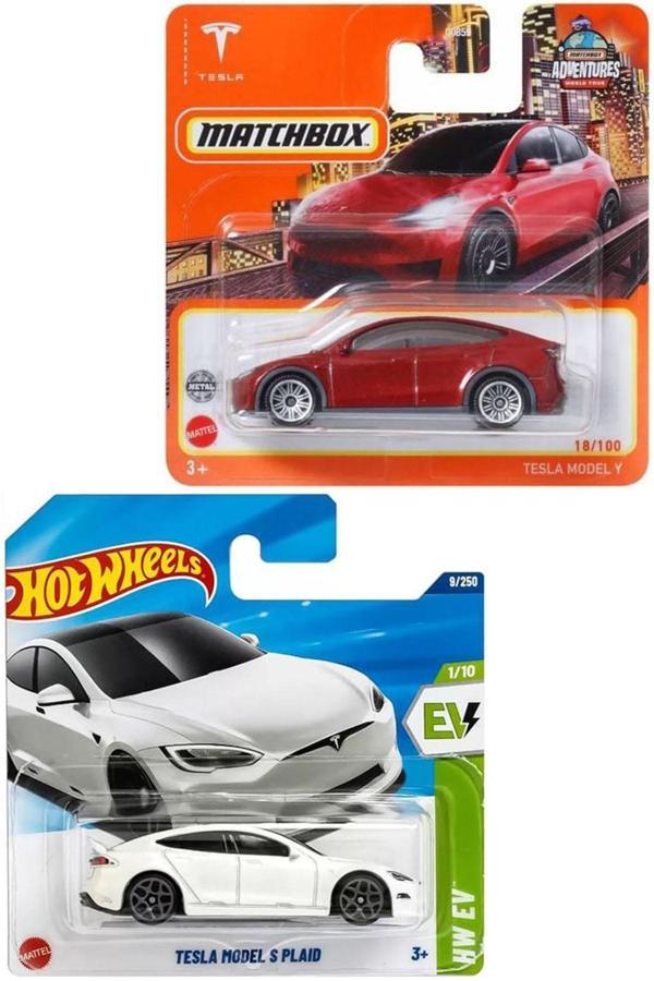 2 Araç Set - Matchbox Tesla Model Y & Hot Wheels Tesla Model S Plaid (1/64) Kırmızı - Beyaz - Image 1
