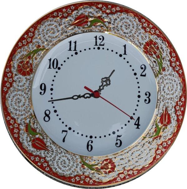 Armada Çini Armada Cini Prt 69 25 Cm Kırmızı Altın Yaldızlı Lale Karanfil Desenli Porselen Cini Saat - Image 1