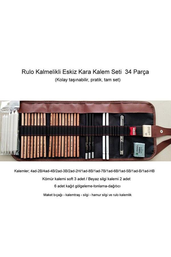 Sanathobi Kara Kalem Çizim Seti, Eskiz Kalem Seti, Dereceli Kalem Set, Tonlama-Rulo Kalemlikli-34 Parça - Image 1