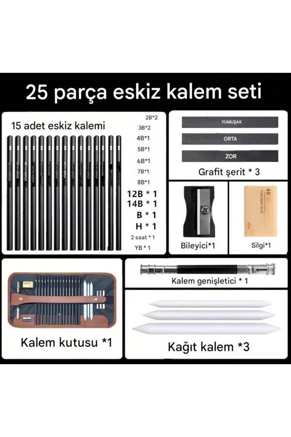 Sanathobi Kara Kalem Çizim Seti, Eskiz Kalem Seti, Dereceli Kalem Set, Kömür Kalem, Kalemlikli-25 Parça - Image 1