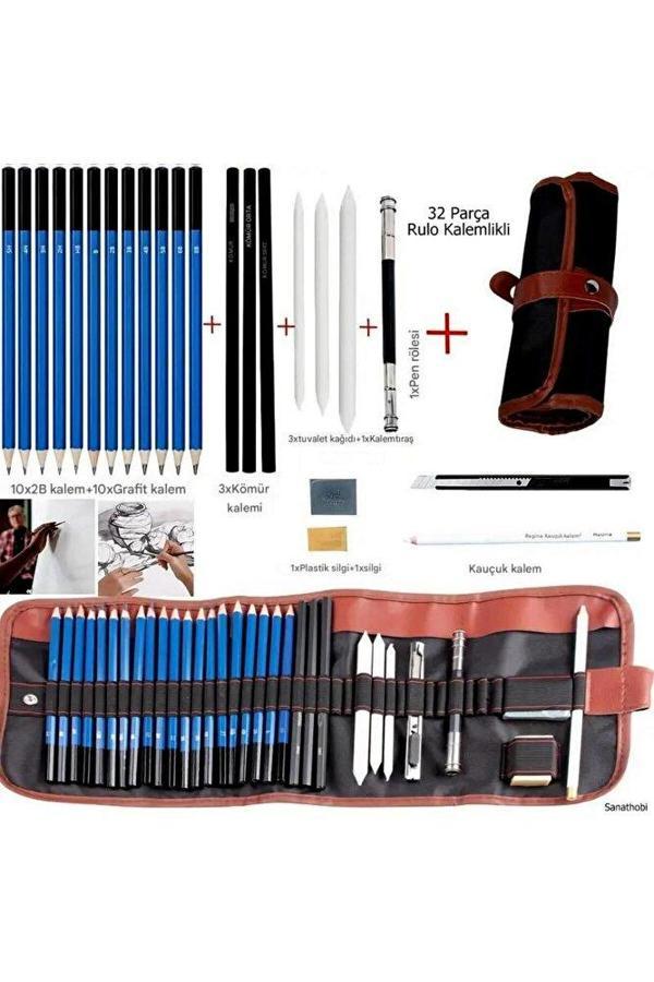 Sanathobi Kara Kalem Çizim Seti, Eskiz Kalem Seti, Dereceli Kalem Set, Tonlama-Rulo Kalemlikli-32Parça - Image 1