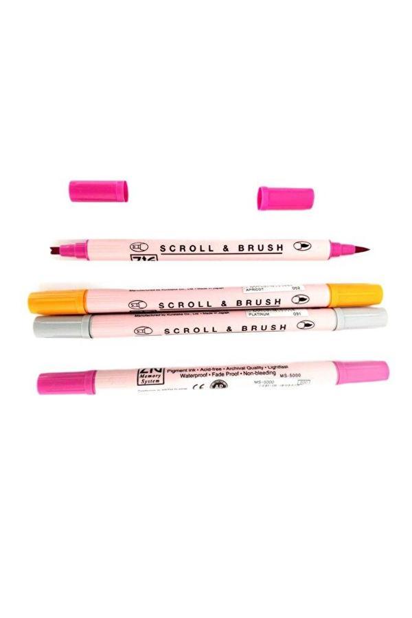 Zig Zig Scroll & Brush Çift Çizgi Ve Fırça Uçlu Kaligrafi Kalemi, Davetiye Kalemi-4 Adet - Image 1