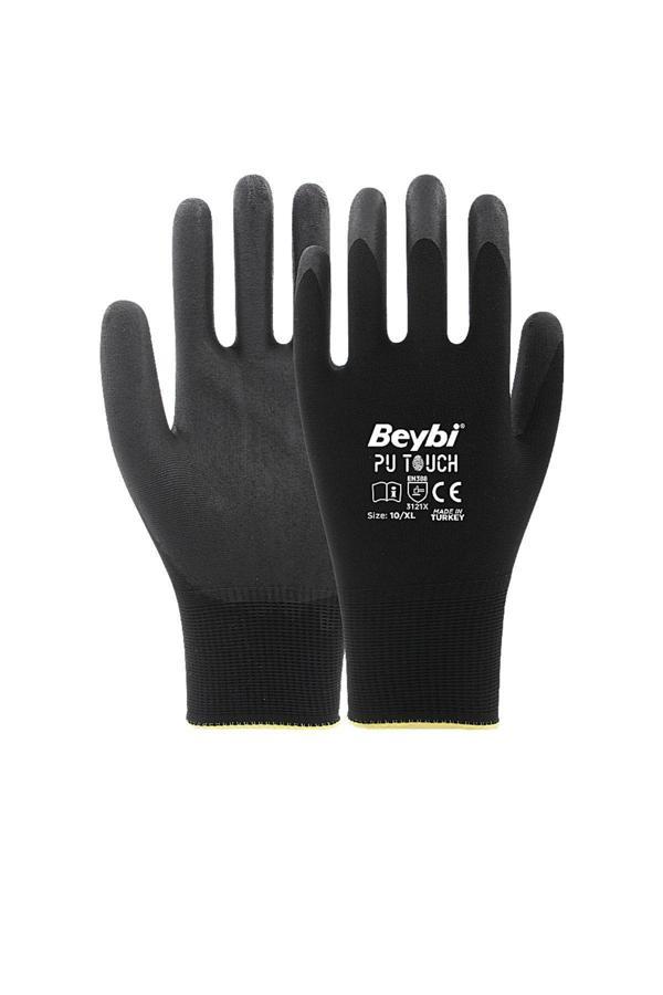 Beybi Pu Touch Polyester Örme Lateks Eldiven-Siyah - 10 Çift - Image 1