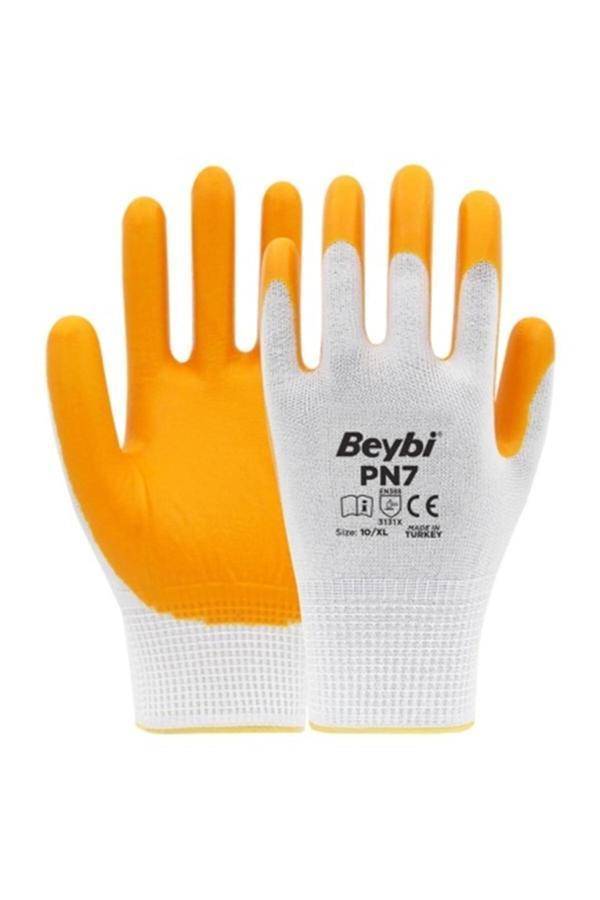 Beybi Pn7 Polyester Örme Nitril Eldiven - 12 Çift - Beyaz\Sarı - Image 1