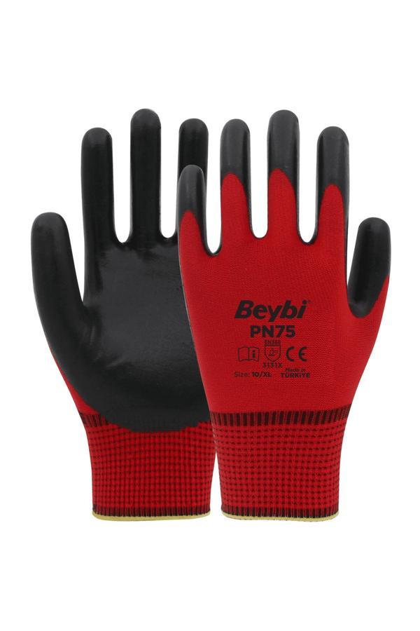 Beybi Pn75 Kırmızı Polyester Örme Nitril Eldiven 12 Adet - Image 1