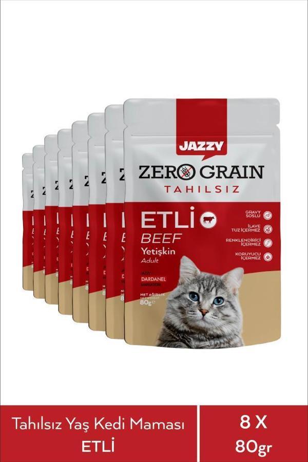 Jazzy Zero Grain Kedi Maması Etli Poşet 80 gr X 8 Adet - Image 1