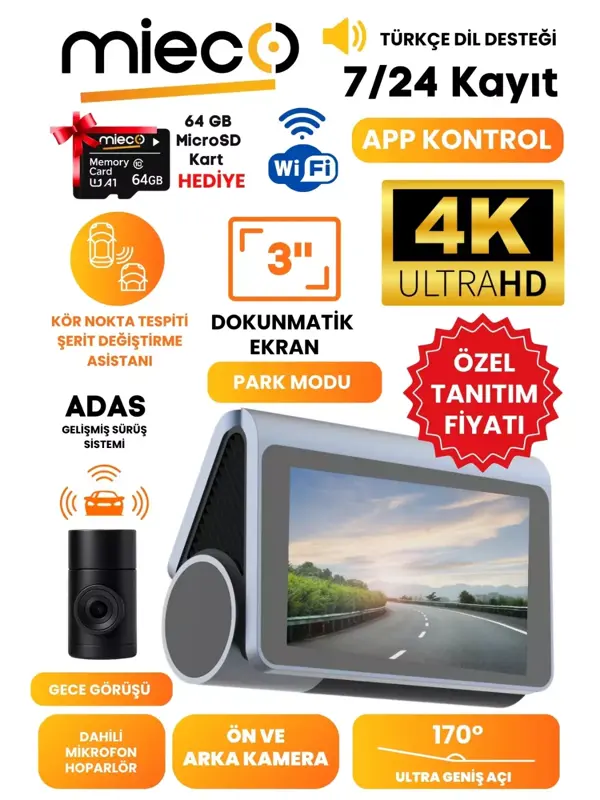 X8 Wifi /4k Uhd/ 170° Ultra Geniş Açı/ Kör Nokta / Adas/ Ön + Arka Araç Kamerası + Hafıza Kartı Hediyeli - Image 1