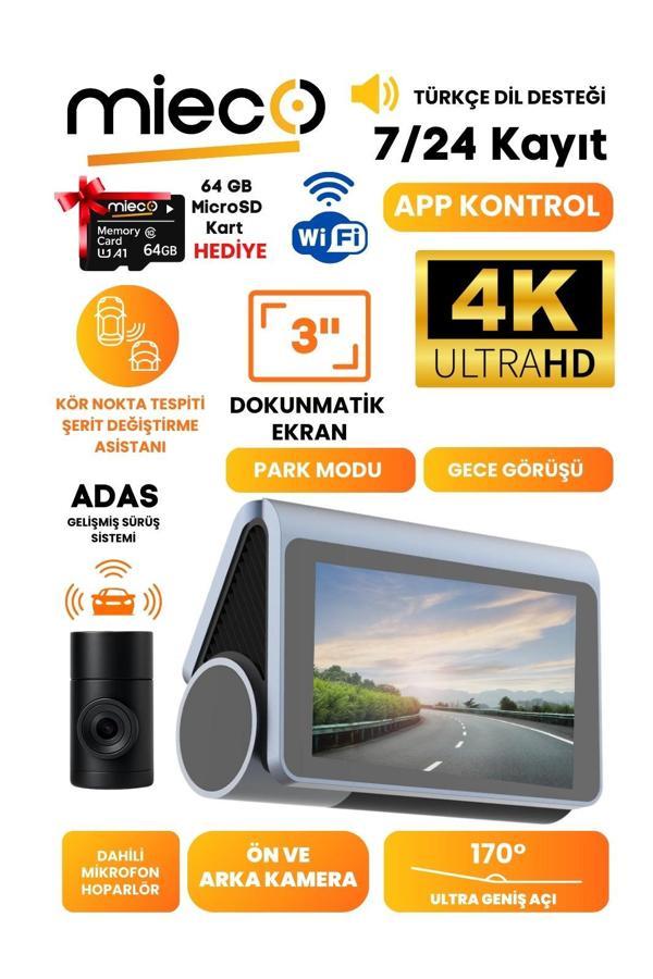 X8 Wifi /4k Uhd/ 170° Ultra Geniş Açı/ Kör Nokta / Gps/ Adas/ 3 Kameralı Araç Kamerası + Hafıza Kartı Hediyeli - Image 1