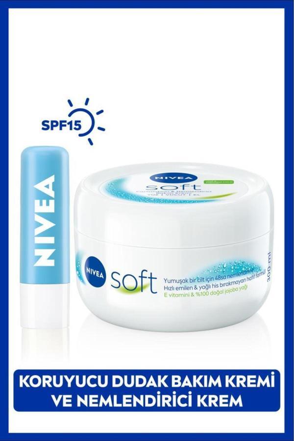 Soft Nemlendirici Vücut Kremi 300ml ve Hydro Care Renksiz Dudak Bakım Kremi, Dudak Çatlağı, SPF15 - Image 1