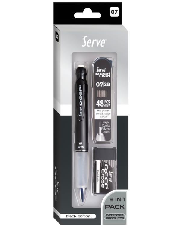 Serve Deep 3lü Okul Seti Mekanik Kurşun Kalem Silgi Yedek Uç 0.7 mm Siyah  - Image 1