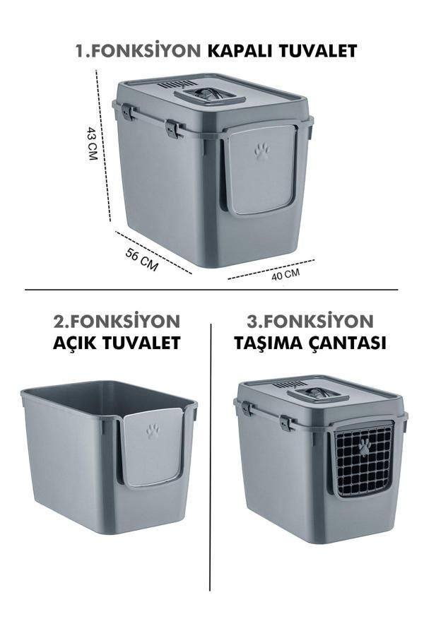Pribor HZ-500 Xxl 3 Fonksiyonlu Açık / Kapalı Kedi Tuvaleti ve Taşıma Çantası Gri 56 x 40 x 43 Cm - Image 1