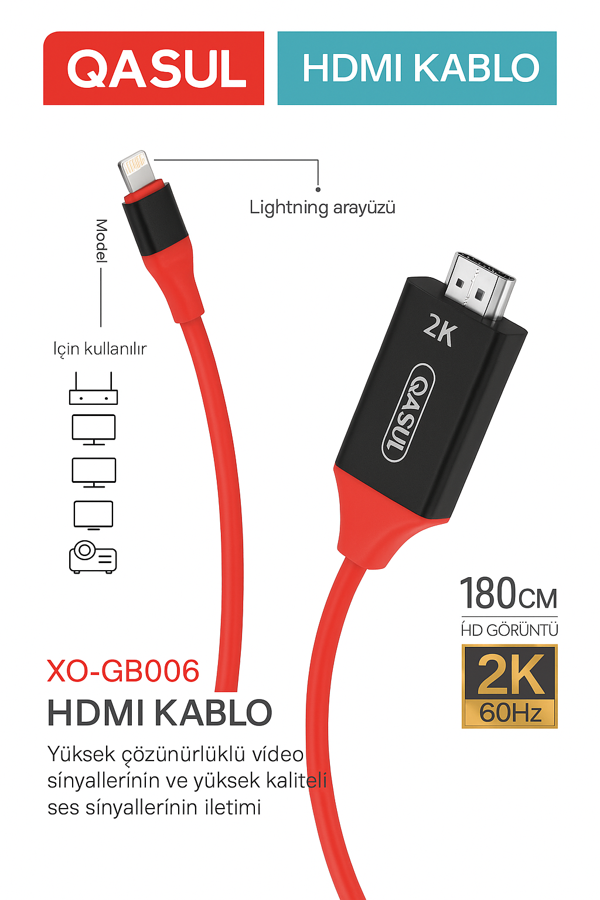 iPhone Lightning Uyumlu HDMI Kablo 2K 60Hz HD Görüntü ve Ses Aktarımı Kablosu - Image 1