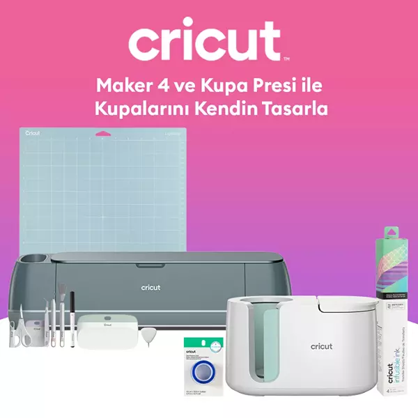 Cricut Maker 4 Kesme Makinesi ve Kupa Presi ile Kupalarını Kendin Tasarla Paketi (Makine + Kupa Presi + Transfer Kağıdı + Isıya Dayanıklı Bant + Alet Seti + Kazıyıcı) - Image 1