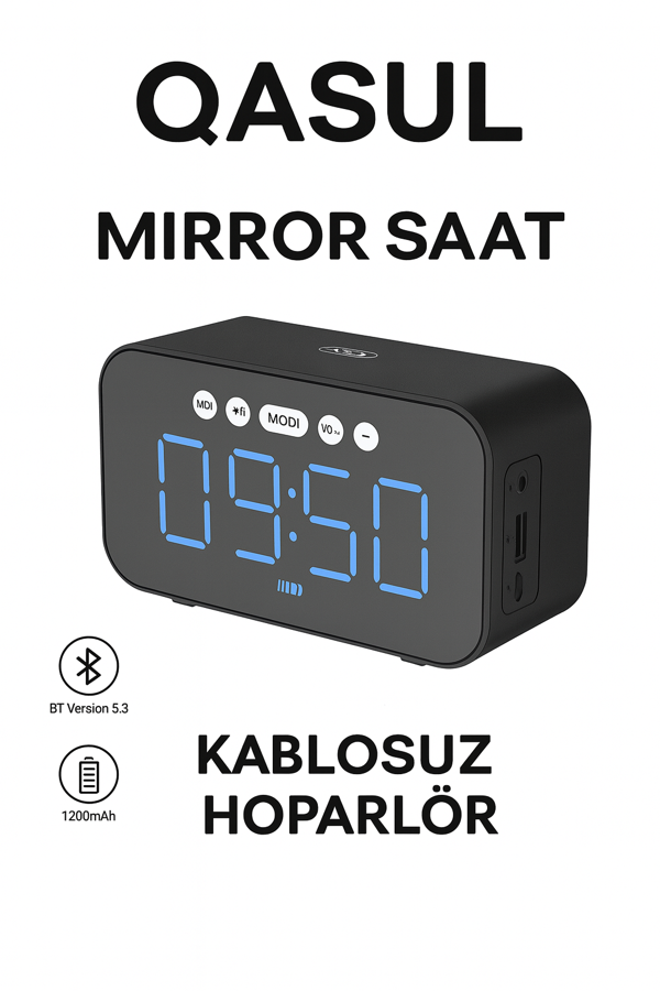 Dijital Ayna Ekranlı Bluetooth Hoparlör ve Çalar Saat – 1200mAh Şarjlı - Image 1