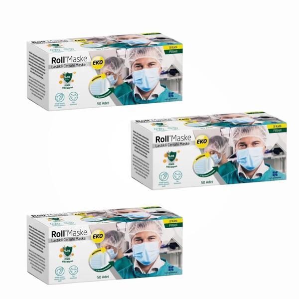Roll EKO Cerrahi Maske Lastikli (3 Katlı) Filtreli 50'li Kutu - 3 Kutu - Image 1