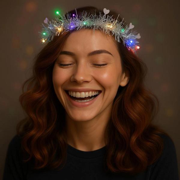 Kalp Püsküllü Gece Parıltısı 3 Modlu LED'li Işıklı Taç Gümüş Renk - Image 1