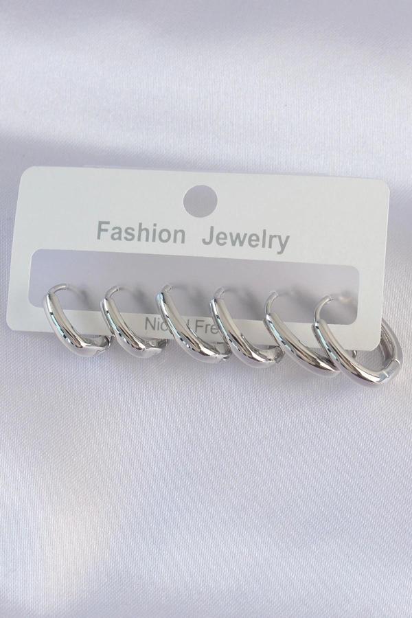 Pirinç Gümüş Renk Oval Küpe Seti - Image 1