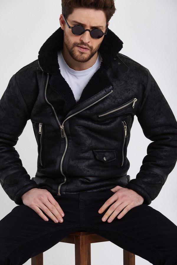 Sivaist Erkek Siyah Napa Deri İçi Kürklü Mont&Ceket - Image 1