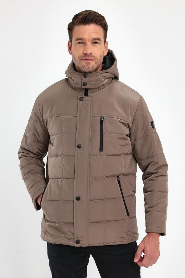 Erkek Krem Standart Fit Normal Kesim Çıkmalı Kapüşon Dik Yaka Mont - Image 1