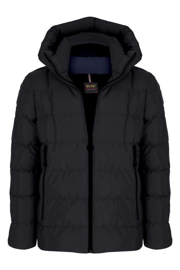 Erkek Siyah Su Ve Rüzgar Geçirmez Sabit Kapüşonlu Pofuduk Yaka Kalın Içi Kürklü Şişme Mont&Kaban - Image 1