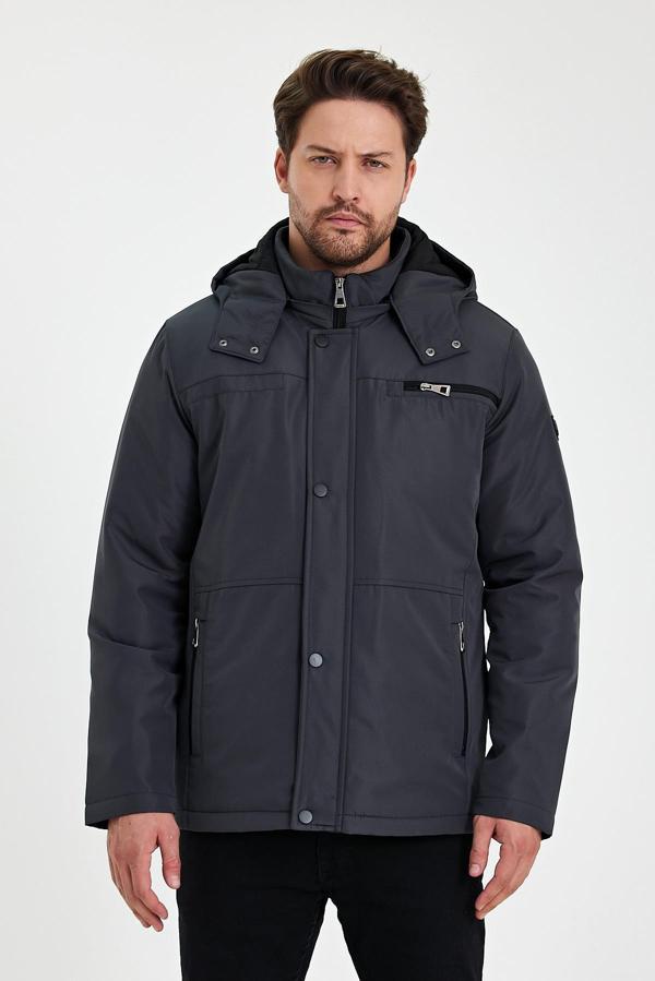 Gri İçi Kalın Kürklü Çıkartılabilir Kapüşonlu Fermuar Çepli Rüzgar Ve Su Geçirmez Mont&Kaban - Image 1