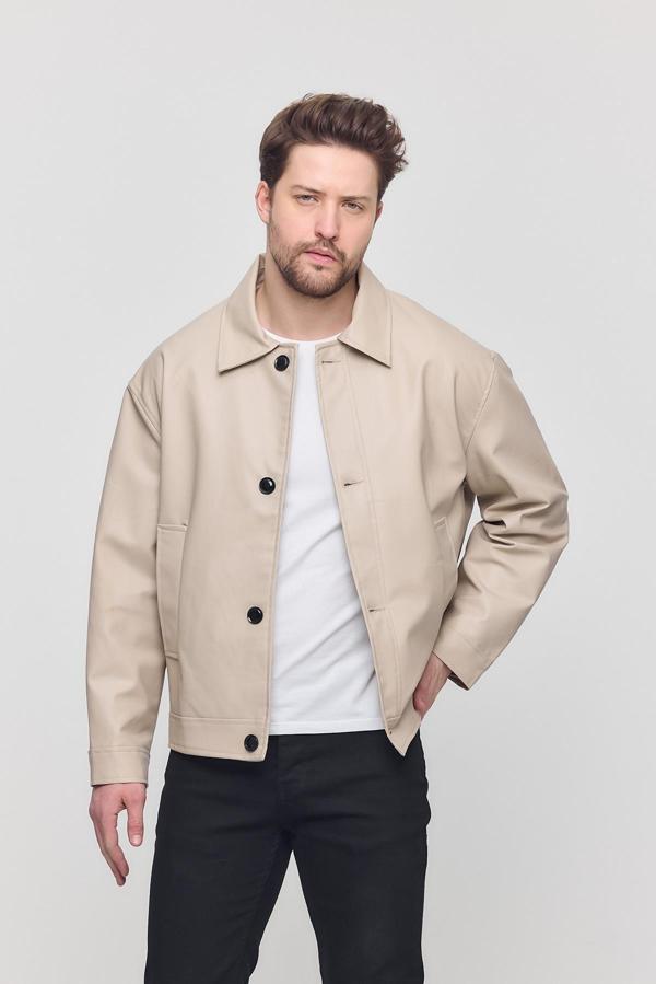Krem Erkek Basic Suni Deri Yazlık Ceket&Mont - Image 1