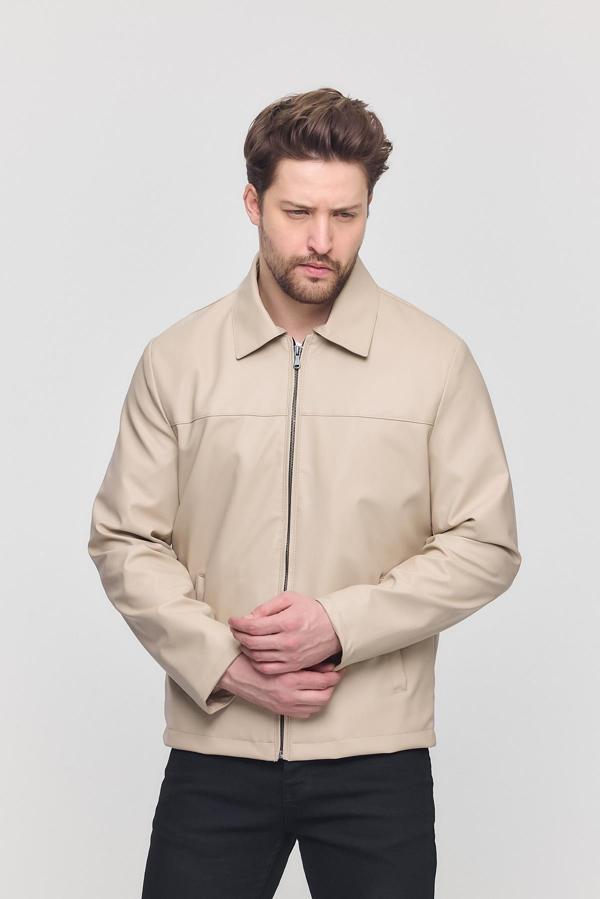 Krem Erkek Basic Suni Deri Yazlık Ceket&Mont - Image 1